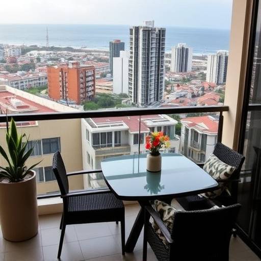 Modern apartment with a balcony overlooking the city skyline in Durban
