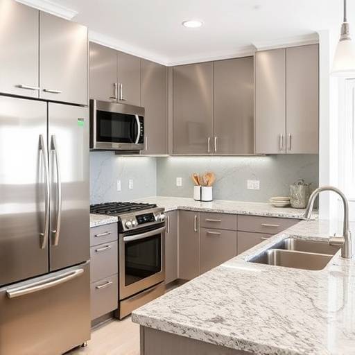 Modern kitchen with stainless steel appliances and granite countertops
