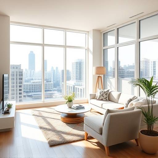 Spacious living room with floor-to-ceiling windows and city views